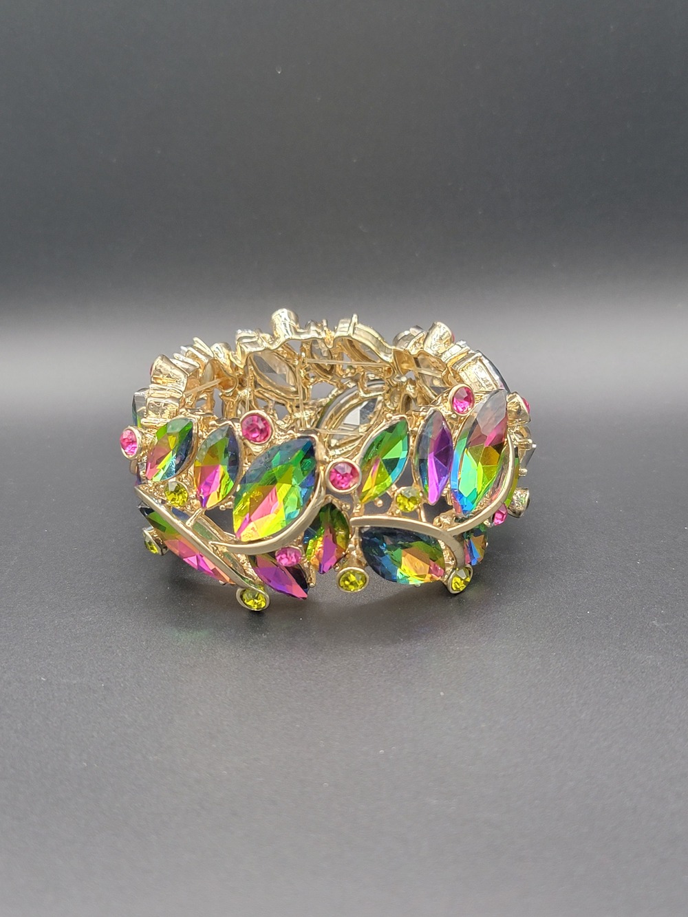 Multicolor Aurora Borealis Rhinestone Stretch Bracelet Gold Tone - Picture 7 of 10